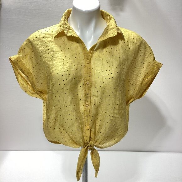 Subici Design By Leluu Brand Sheer Blouse Button Tie Front Short Sleeve Crop - Picture 5 of 8